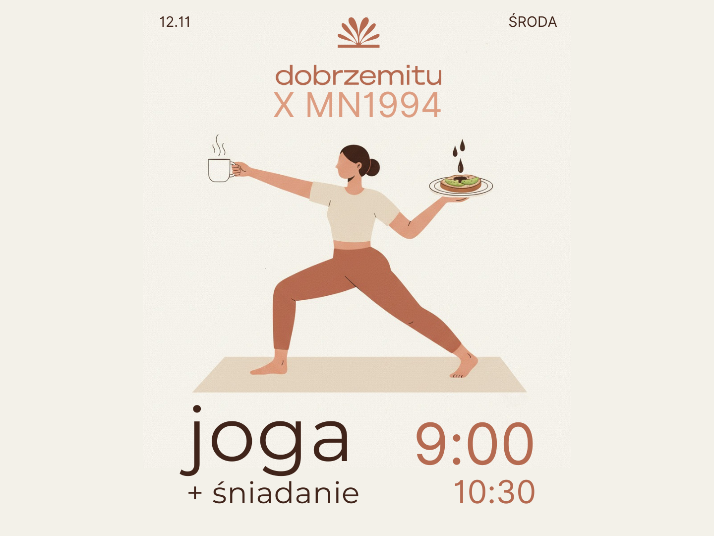 Grafika: „joga + śniadanie”, godz. 9:00–10:30, 12.11 (środa); ilustracja osoby w pozycji jogi z kawą i talerzem