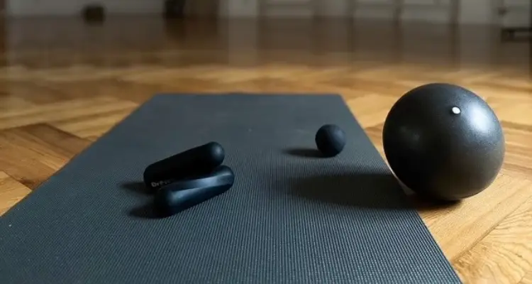 Czarna mata do ćwiczeń z niewielkimi hantlami i piłką do pilatesu, rozłożona na drewnianej podłodze w sali treningowej